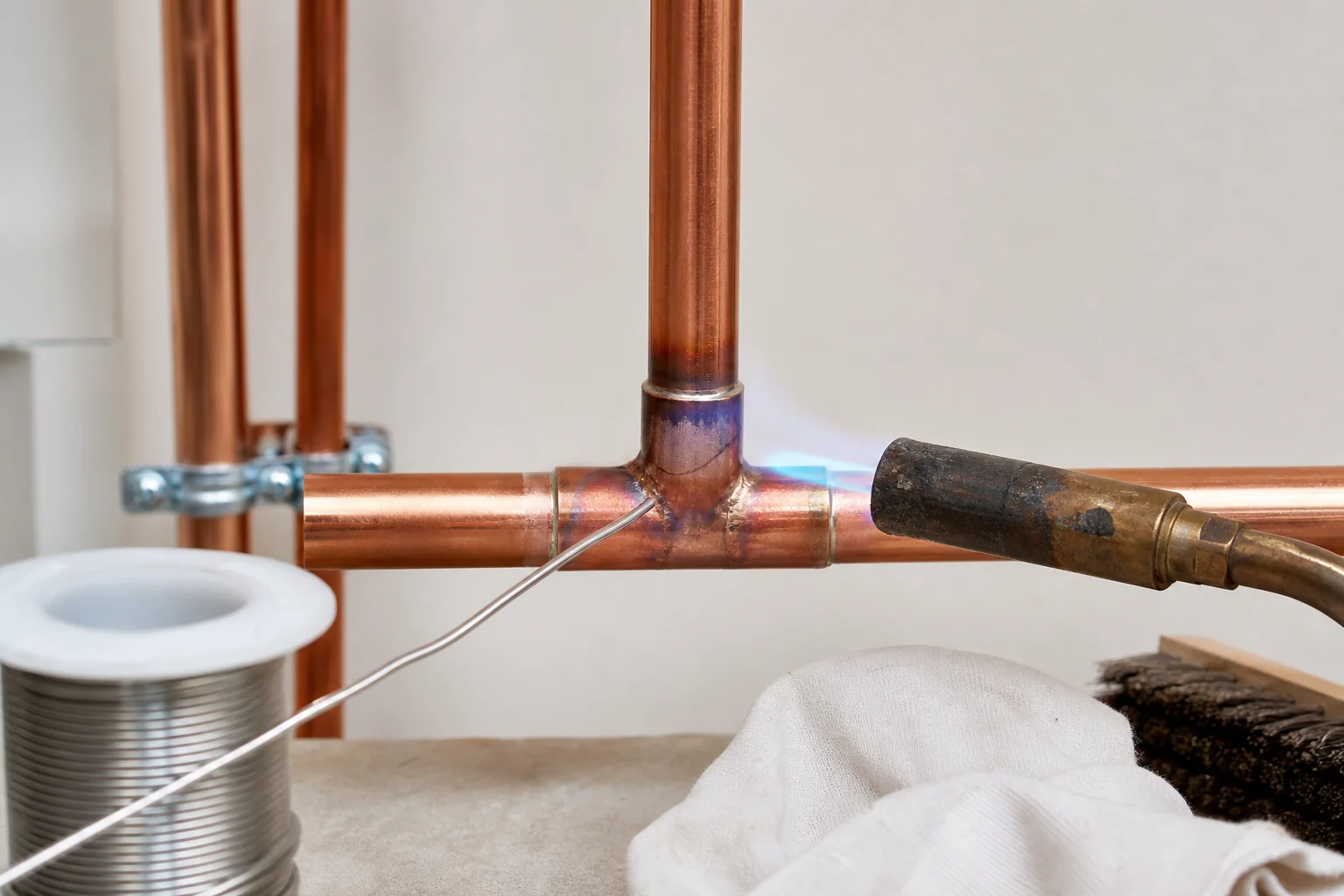 Plumber sweating a copper fitting with Sterling Solder wire and torch